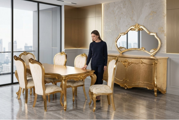 Eetkamerset Tafel 6x Stoelen Dressoir Spiegel Eetgroep 9-delig
