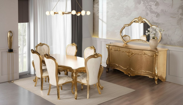 Eetkamerset Tafel 6x Stoelen Dressoir Spiegel Eetgroep 9-delig