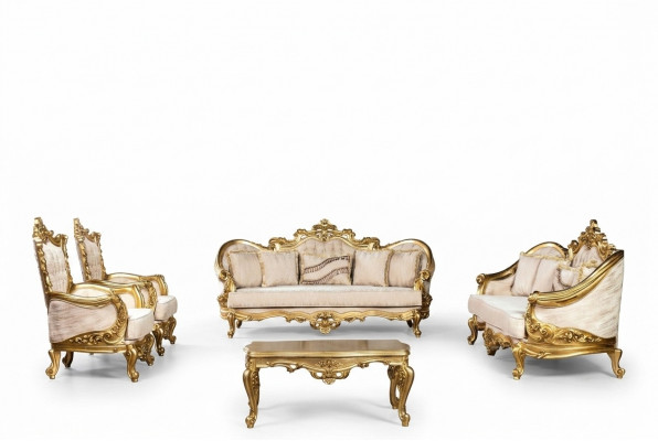 Gouden bankstel bankstel 5-delig met salontafel Chesterfield barok.