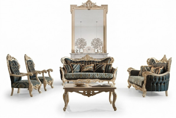 Sofagarnituur Bank Bank Barok Rococo Set Salontafel Turkoois 5-delig Goud