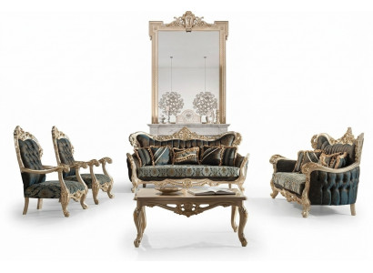 Sofagarnituur Bank Bank Barok Rococo Set Salontafel Turkoois 5-delig Goud