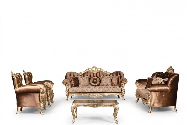 Gouden fluwelen bankstel Chesterfield bankstel bank meubelen hout 5-dlg.
