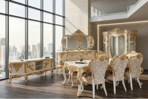 Prachtige eetkamermeubel compleet set met veel decoratieve elementen.