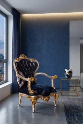 Luxe fauteuil Klassieke troonstoel Fauteuil Barok fluweel Blauw Goud