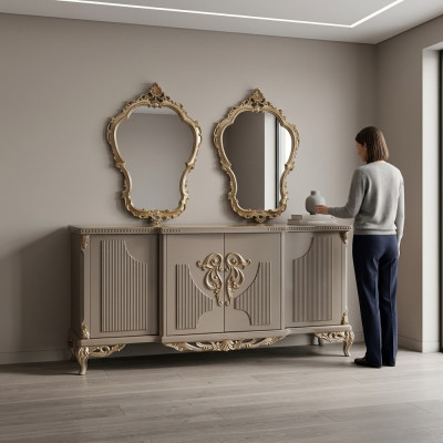 Dressoir met spiegel taupe bruin houten kast sideboard serveren 2-delig