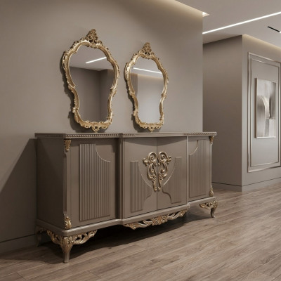 Dressoir met spiegel taupe bruin houten kast sideboard serveren 2-delig