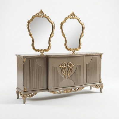Dressoir met spiegel taupe bruin houten kast sideboard serveren 2-delig