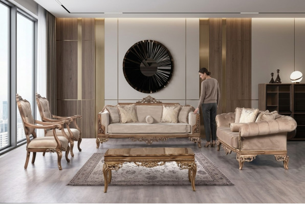 Barok woonkamer meubelset bank bank sofa beklede salon tafel 5-delig.