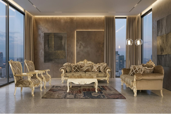 Exclusieve zitbankset in beige kleur in barok-rococo-stijl 3 + 3 + 1 + 1 + salontafel