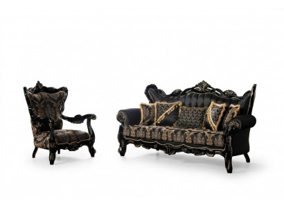 2-delige bankstel voor de woonkamer 3+1 zits zwart bankstel en fauteuil met gouden patroon.