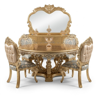 Gouden ronde eettafel eetset Tafel 4x stoel dressoir 6-delig. Nieuw