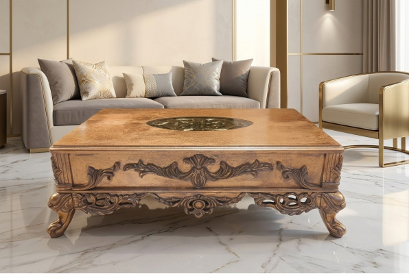 Barok salontafel in goudkleur met gesneden poten, houten tafel voor de woonkamer