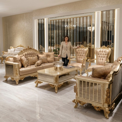 Klassieke Barok Rococo Chesterfield 5-delige salontafel Beige Sofa Meubels