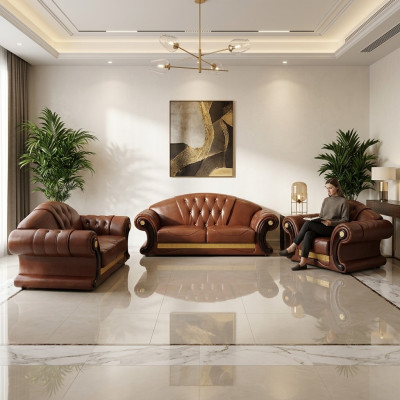 Bruine Chesterfield leren bankstelcoucheset 3+2+1 Set