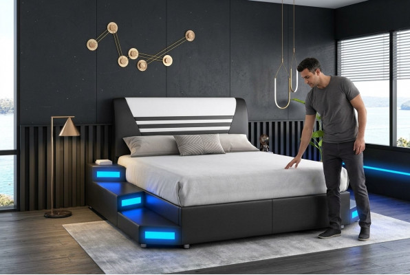Luxe LED-verlichte slaapkamerbed lederen bed 180x200 meubels bedden.