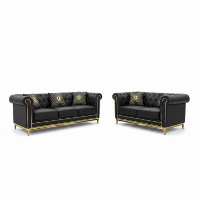 Zwarte Chesterfield woonkamer bankstel Luxe set 3+2 zits 2-delig.
