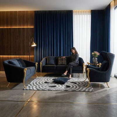 Luxe gestoffeerde bankstel, fauteuil 3+2+1 zits Zwart fluweel Gouden poten