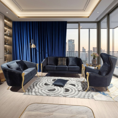 Luxe gestoffeerde bankstel, fauteuil 3+2+1 zits Zwart fluweel Gouden poten