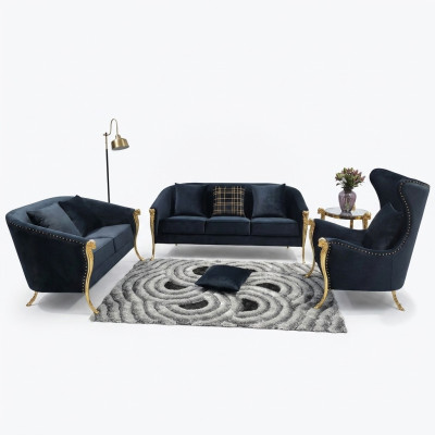 Luxe gestoffeerde bankstel, fauteuil 3+2+1 zits Zwart fluweel Gouden poten