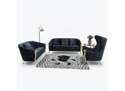 Luxe gestoffeerde bankstel, fauteuil 3+2+1 zits Zwart fluweel Gouden poten