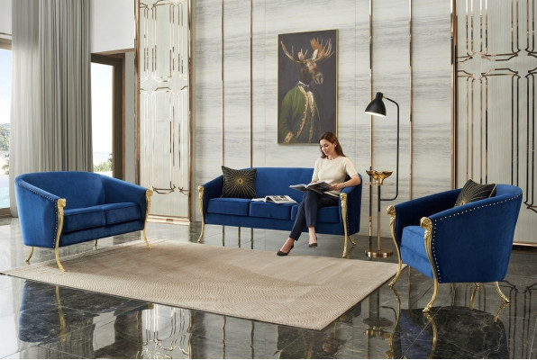 Luxe gestoffeerde fauteuil 3+2+1 zitplaatsen Blauwe Gouden Poten Zitkussen Nieuw