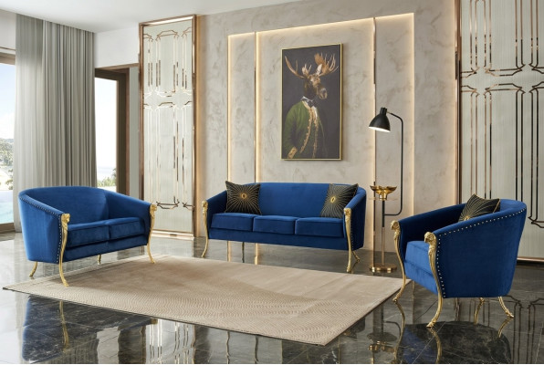 Luxe gestoffeerde fauteuil 3+2+1 zitplaatsen Blauwe Gouden Poten Zitkussen Nieuw