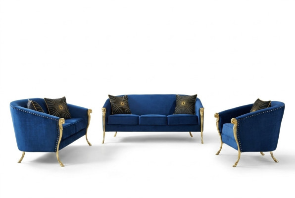 Luxe gestoffeerde fauteuil 3+2+1 zitplaatsen Blauwe Gouden Poten Zitkussen Nieuw