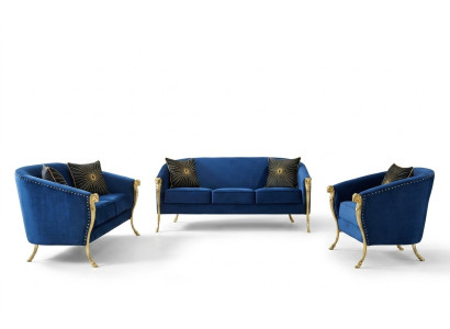Luxe gestoffeerde fauteuil 3+2+1 zitplaatsen Blauwe Gouden Poten Zitkussen Nieuw