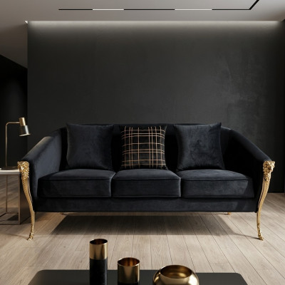 Driepersoons bank gestoffeerd meubilair fluweel luxe inrichting stoffen bankstellen.