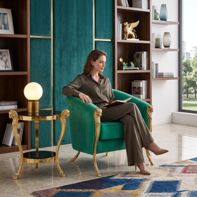 Groene luxe fauteuil gestoffeerd met gouden poten voor de woonkamer, eenpersoons, nieuw.