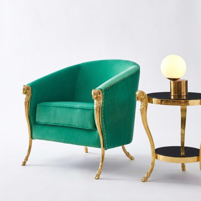 Groene luxe fauteuil gestoffeerd met gouden poten voor de woonkamer, eenpersoons, nieuw.