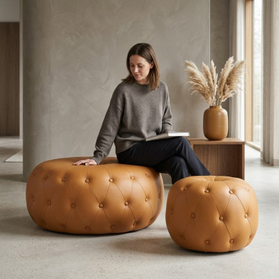 Voetenbankje Ronde Poef Chesterfield Rond Oranje Leder Textiel 78x35