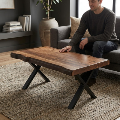 Houten salontafel op zwarte poten voor in uw woonkamer Origineel designmodel