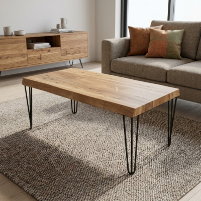 Houten salontafel op zwarte originele poten voor uw woonkamer.