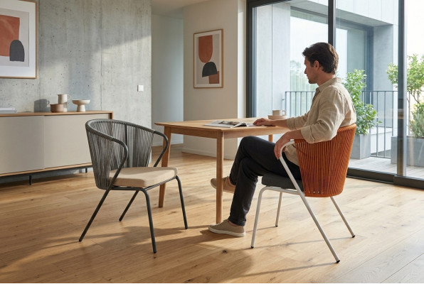 Originele stoelen in grijs op zwarte poten van roestvrij staal met een zacht kussen
