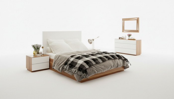 Wit-bruine slaapkamer set luxe houten meubels bed nachtkastjes commode