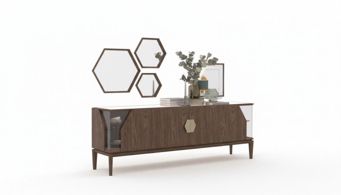 Luxe Bruin dressoir met glaselementen opbergmeubels eetkamermeubilair hout