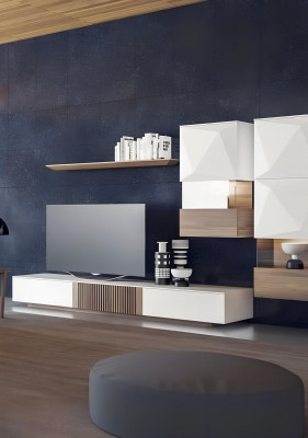 Luxe walnoot natuur Moderne witte woonwand tv-standaard dressoir wandplanken