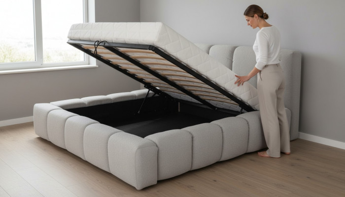 Bed grijs, tweepersoons slaapkamer, luxueus design, elegant gestoffeerd materiaal, nieuw.