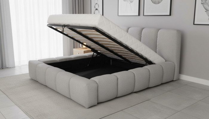 Bed grijs, tweepersoons slaapkamer, luxueus design, elegant gestoffeerd materiaal, nieuw.