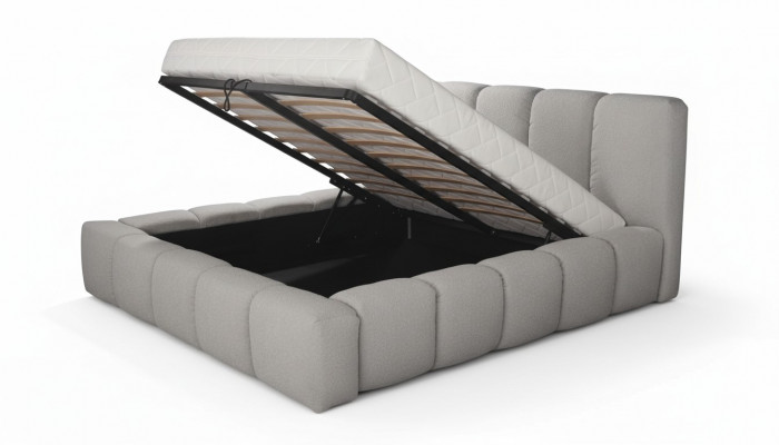 Bed grijs, tweepersoons slaapkamer, luxueus design, elegant gestoffeerd materiaal, nieuw.