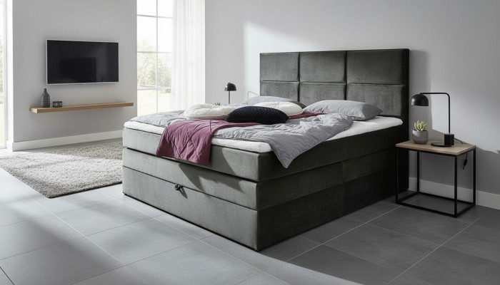 Grijze chique tweepersoonsslaapkamer houten meubels ontwerp elegant gestoffeerd stof