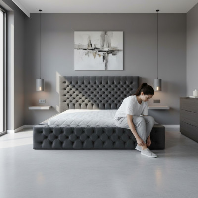 Chesterfield grijs tweepersoons slaapkamer houten meubeldesign elegante bekleding stof