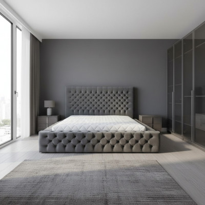 Chesterfield grijs tweepersoons slaapkamer houten meubeldesign elegante bekleding stof