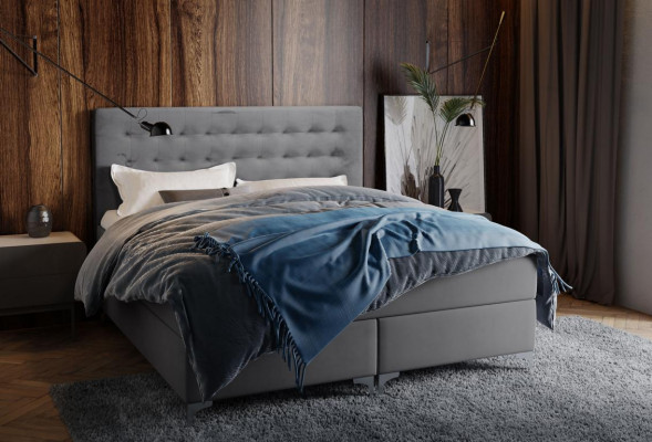 Grijze tweepersoonsbed, klassiek slaapkamer meubelontwerp. Elegante stof, nieuw.