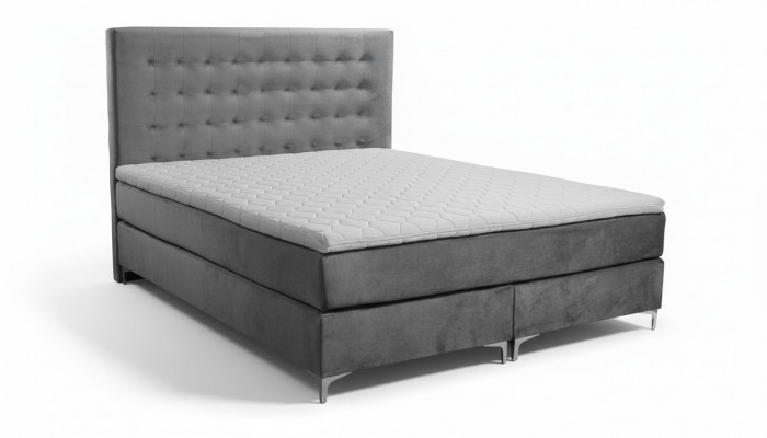Grijze tweepersoonsbed, klassiek slaapkamer meubelontwerp. Elegante stof, nieuw.