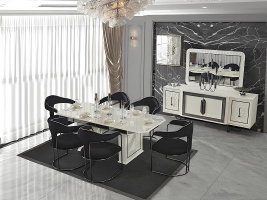 Eetkamer set Eettafel 4x stoelen Tafel Armstoel Dressoir Spiegel 7-delig