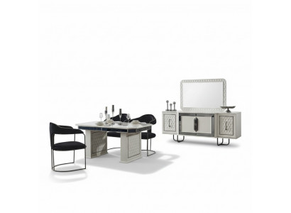 Eetkamer set Eettafel 4x stoelen Tafel Armstoel Dressoir Spiegel 7-delig