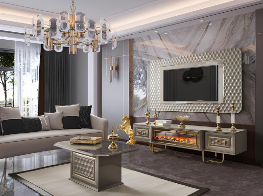 Luxe woonkamer met open haard tv-standaard tv-meubel muur woonkamermeubels dressoir