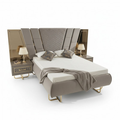 Luxe bed hotelbedden met 2x nachtkastje Gouden glanzende meubels Slaapkamer
